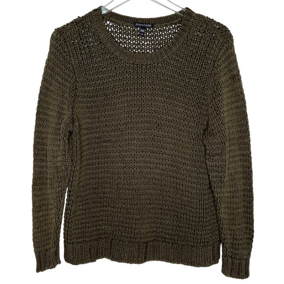 Eileen Fisher L Womens Crew Neck Open Knit Crochet Sweater Olive Green - Picture 1 of 8